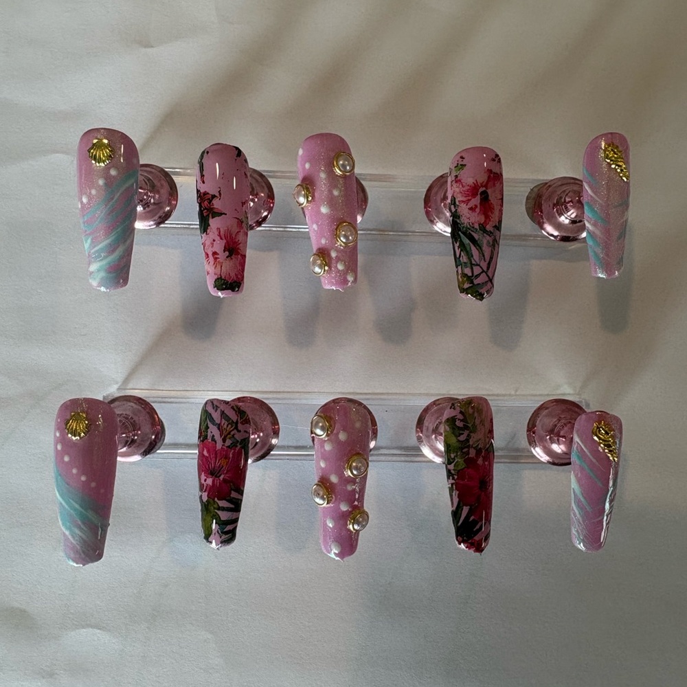 Pink Floral and Gold Embellished False Nails